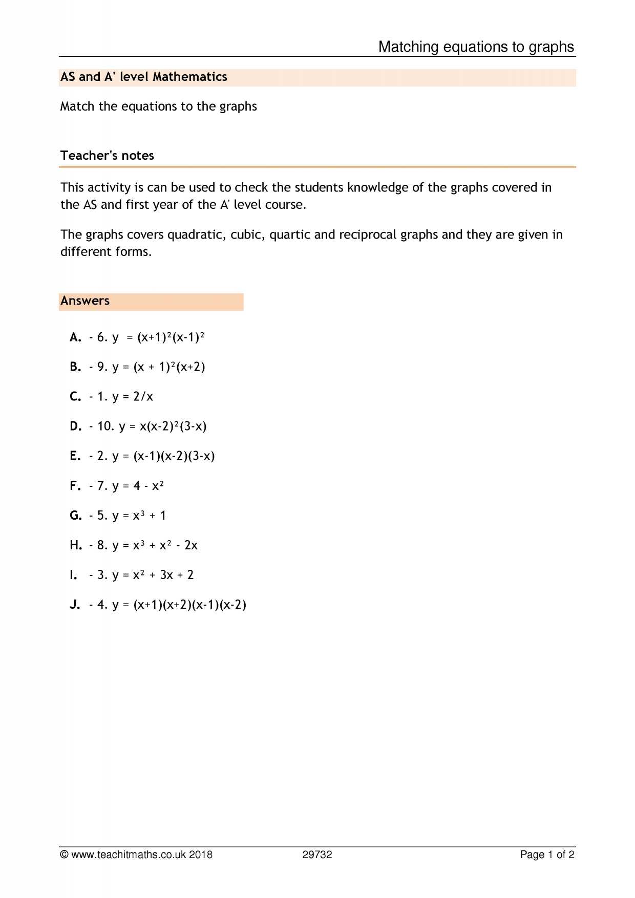 Matching Equations and Graphs Worksheet Answers together with Search Results Teachit Maths