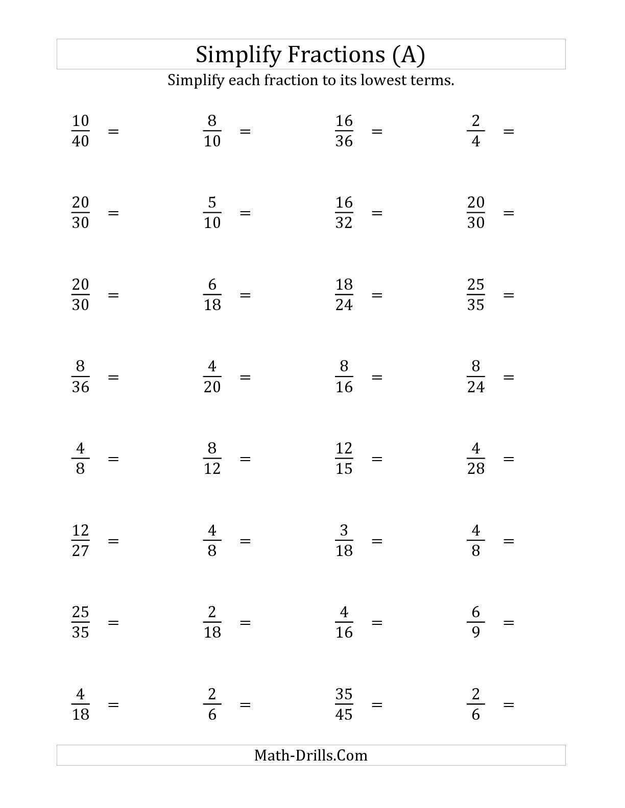 Math Variable Worksheets and Simplify Proper Fractions to Lowest Terms Easier Version A Math