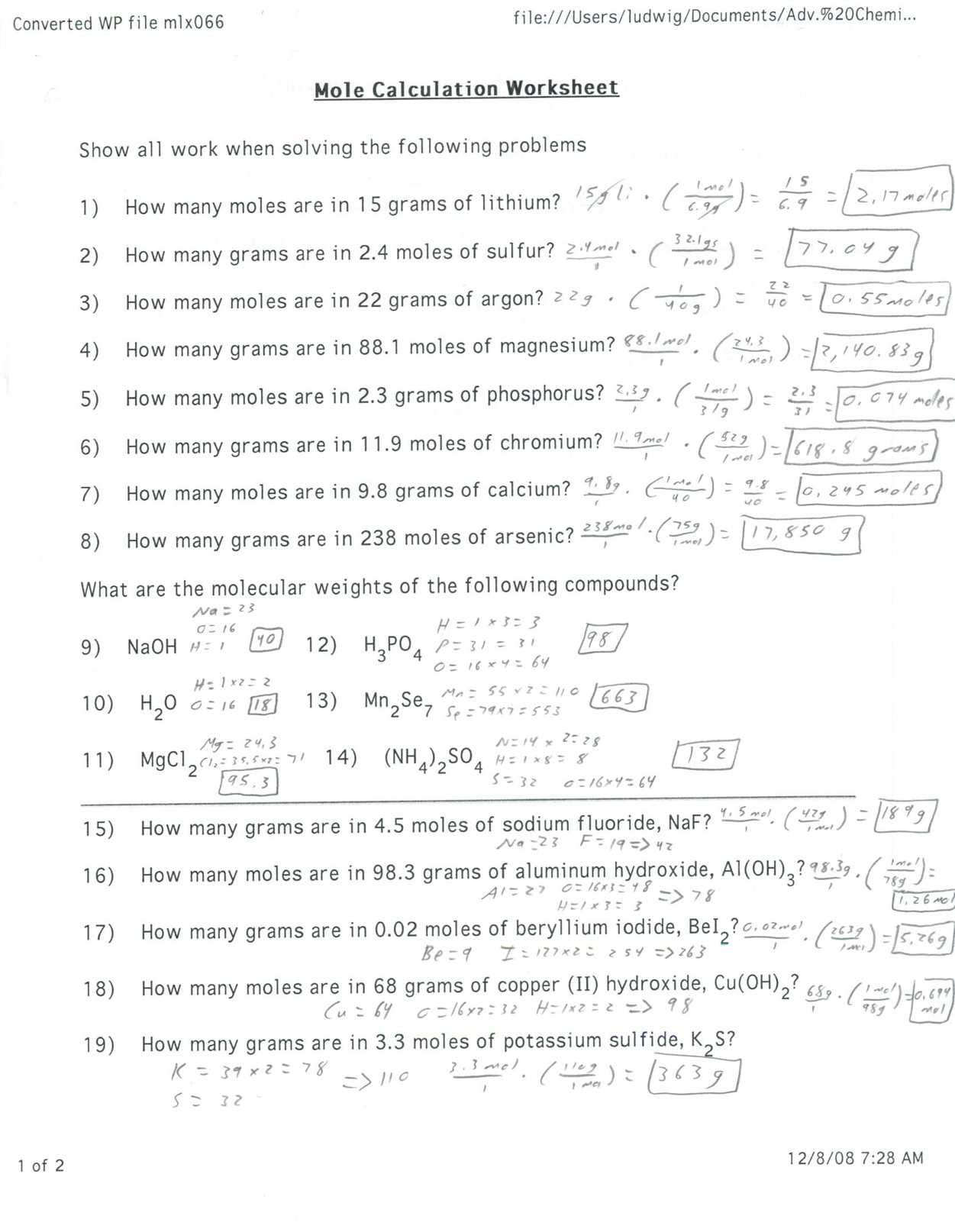 Mole Ratio Worksheet Also Mole to Grams Grams to Moles Conversions Worksheet Gallery