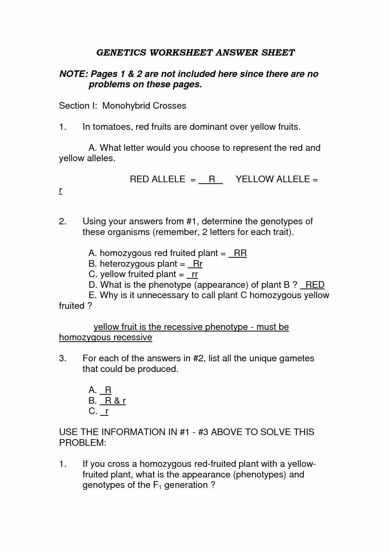 Monohybrid Cross Problems Worksheet with Answers Also Genetics Practice Problems Worksheet Answers Gallery Worksheet for