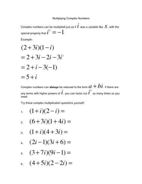 Multiplying Complex Numbers Worksheet and Imaginary Numbers Worksheet