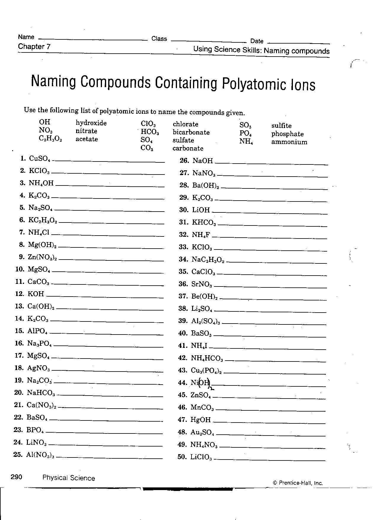 Naming Polyatomic Ions Worksheet together with Naming Pounds Worksheet Answers Fresh Writing Ionic Pounds