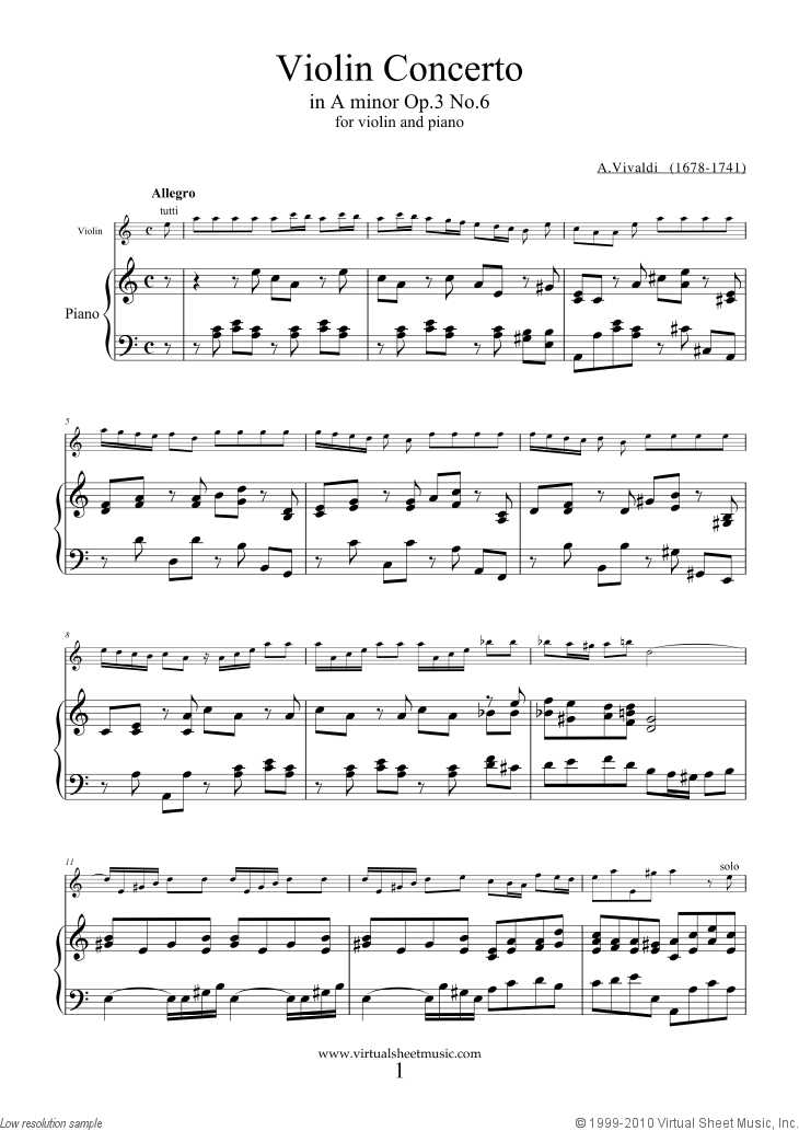 Opus Music Worksheets or Free Vivaldi Violin Concerto In A Minor Op 3 No 6 1st Sheet Music