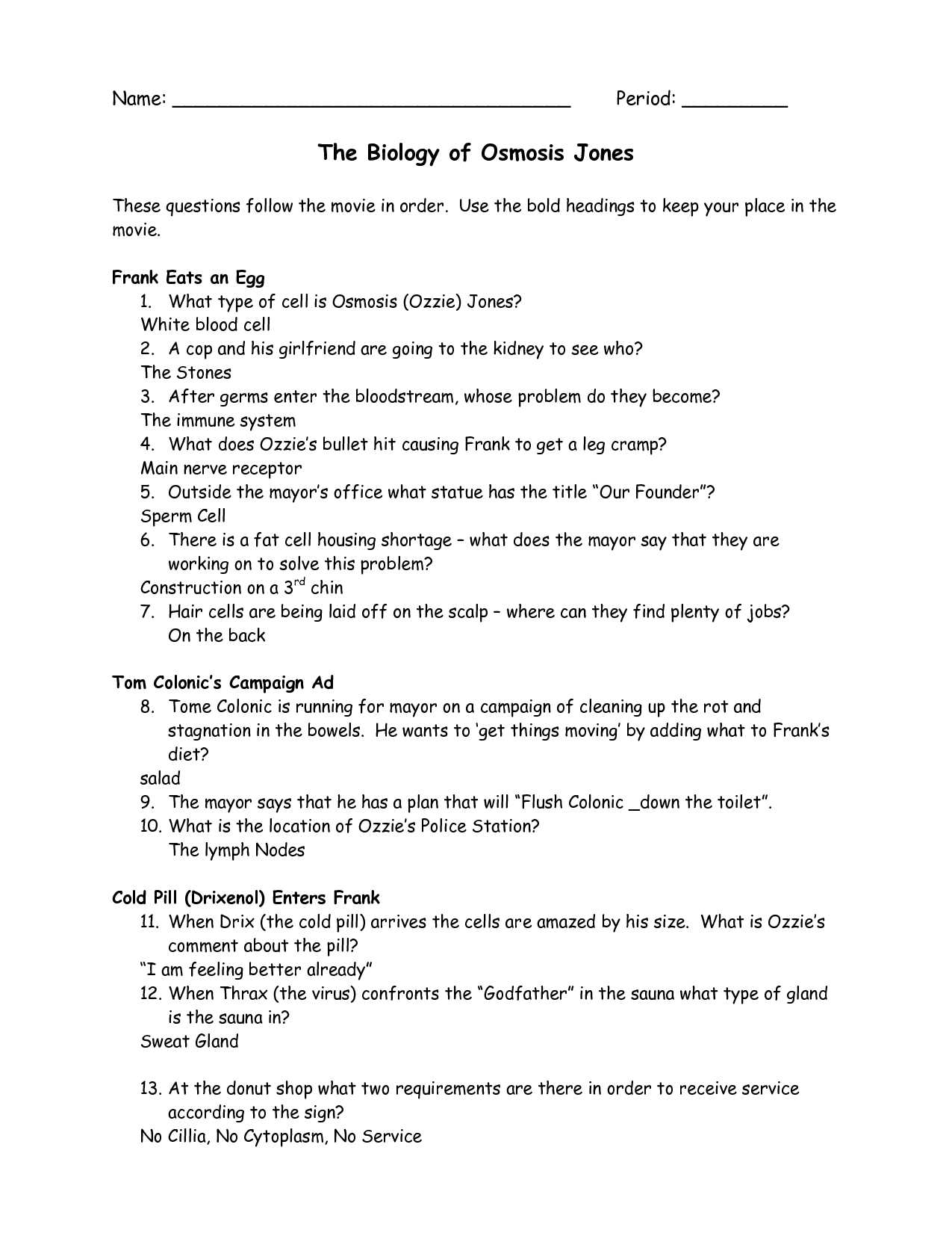 Osmosis Jones Video Worksheet or Osmosis Jones Worksheet Answers Quizlet