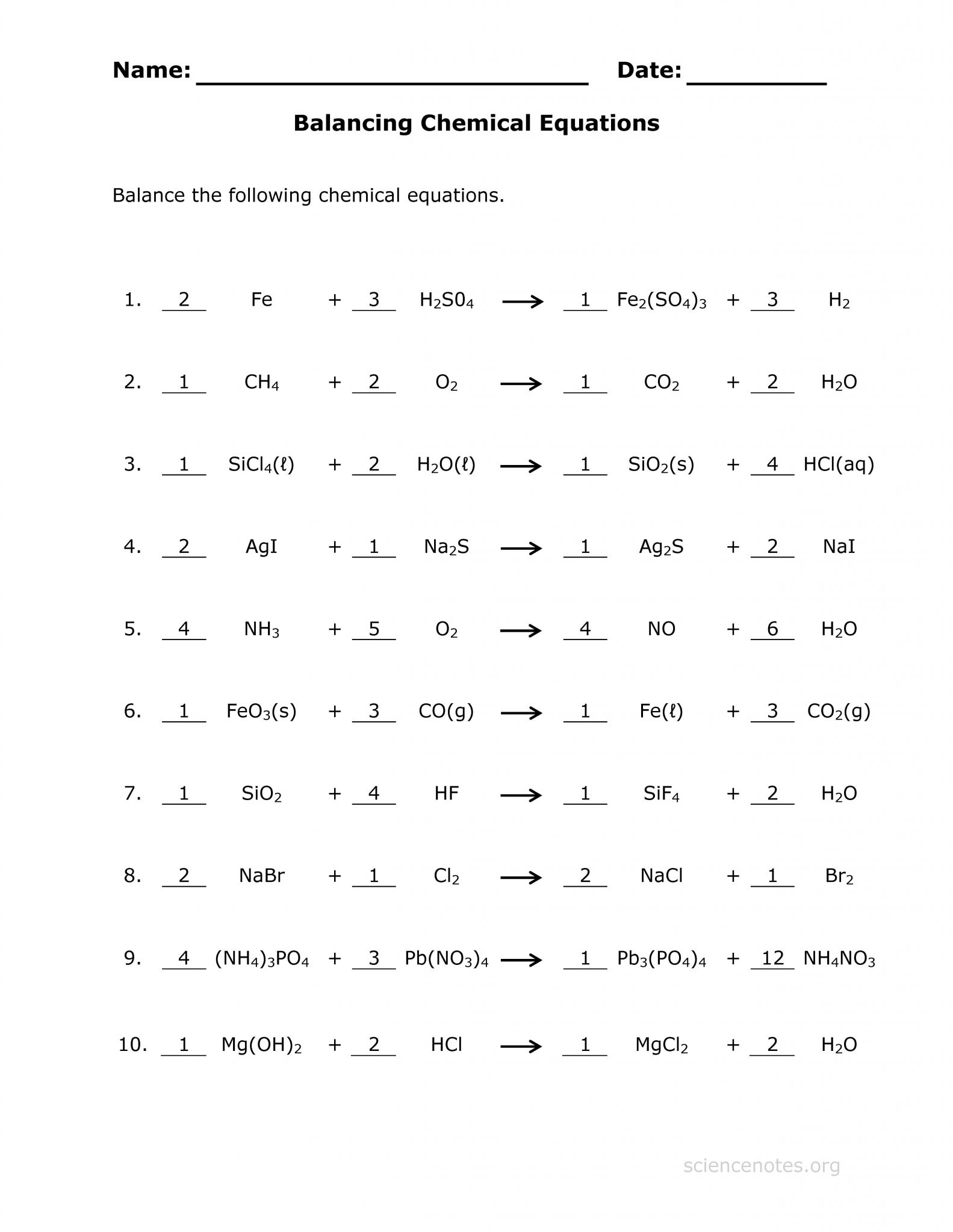 Physics Worksheets with Answers together with Answer Key for the Balance Chemical Equations Worksheet