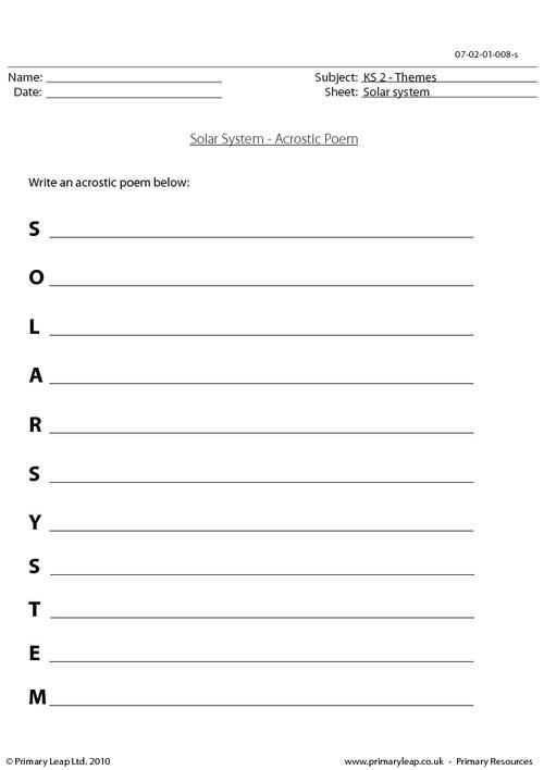 Poetry Worksheets Printable and Primaryleap solar System Acrostic Poem Worksheet