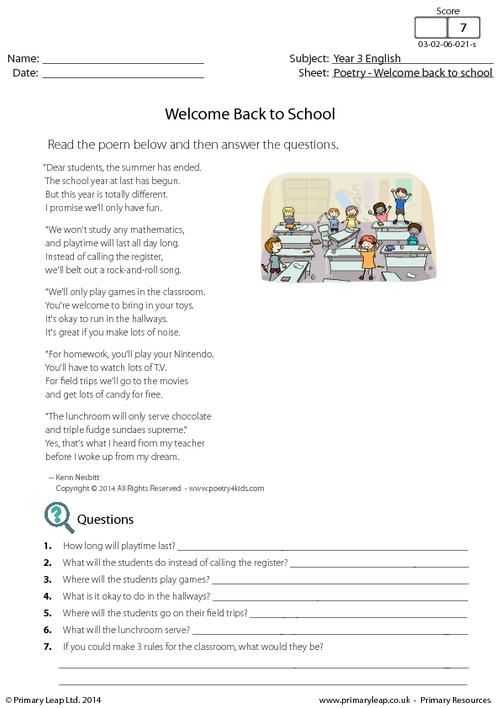Poetry Worksheets Printable with Primaryleap Wel E Back to School Poetry Worksheet