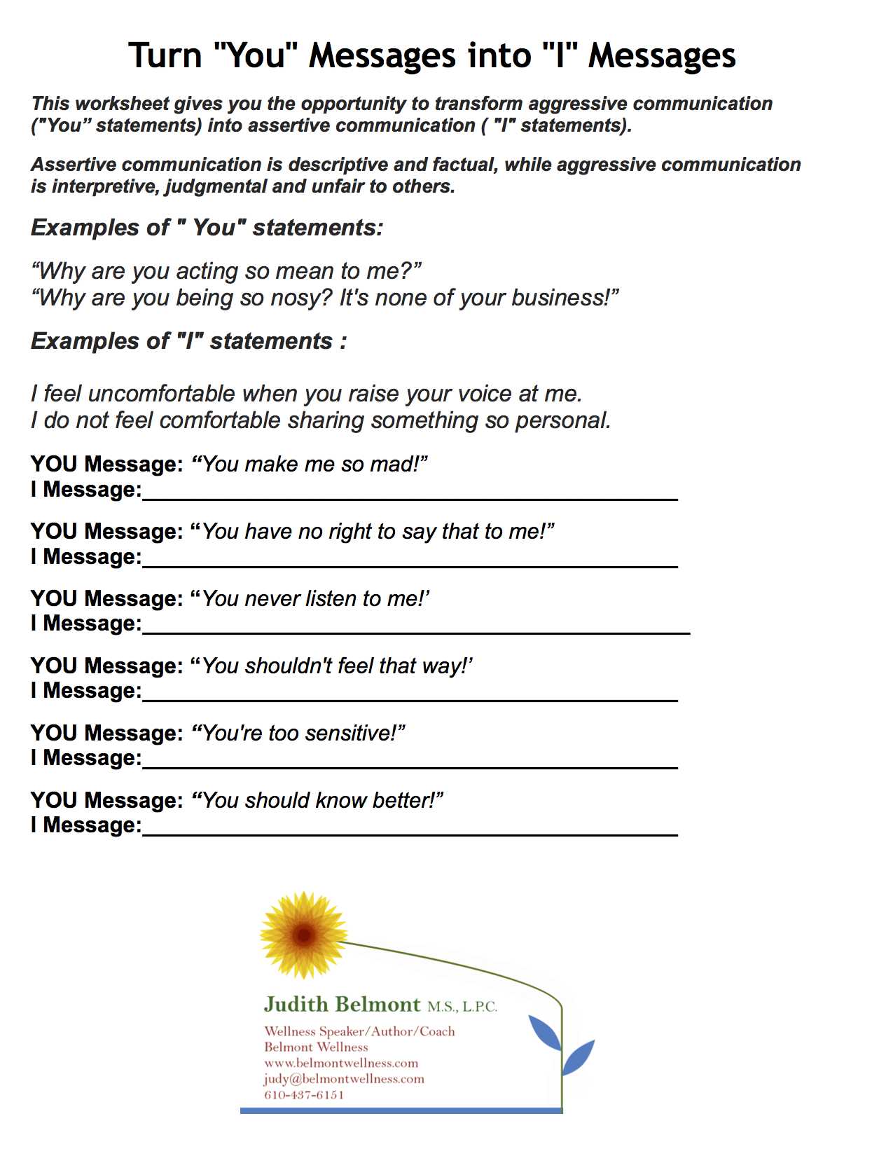 Positive Self Talk Worksheet and Turning "you" Messages Into "i" Messages
