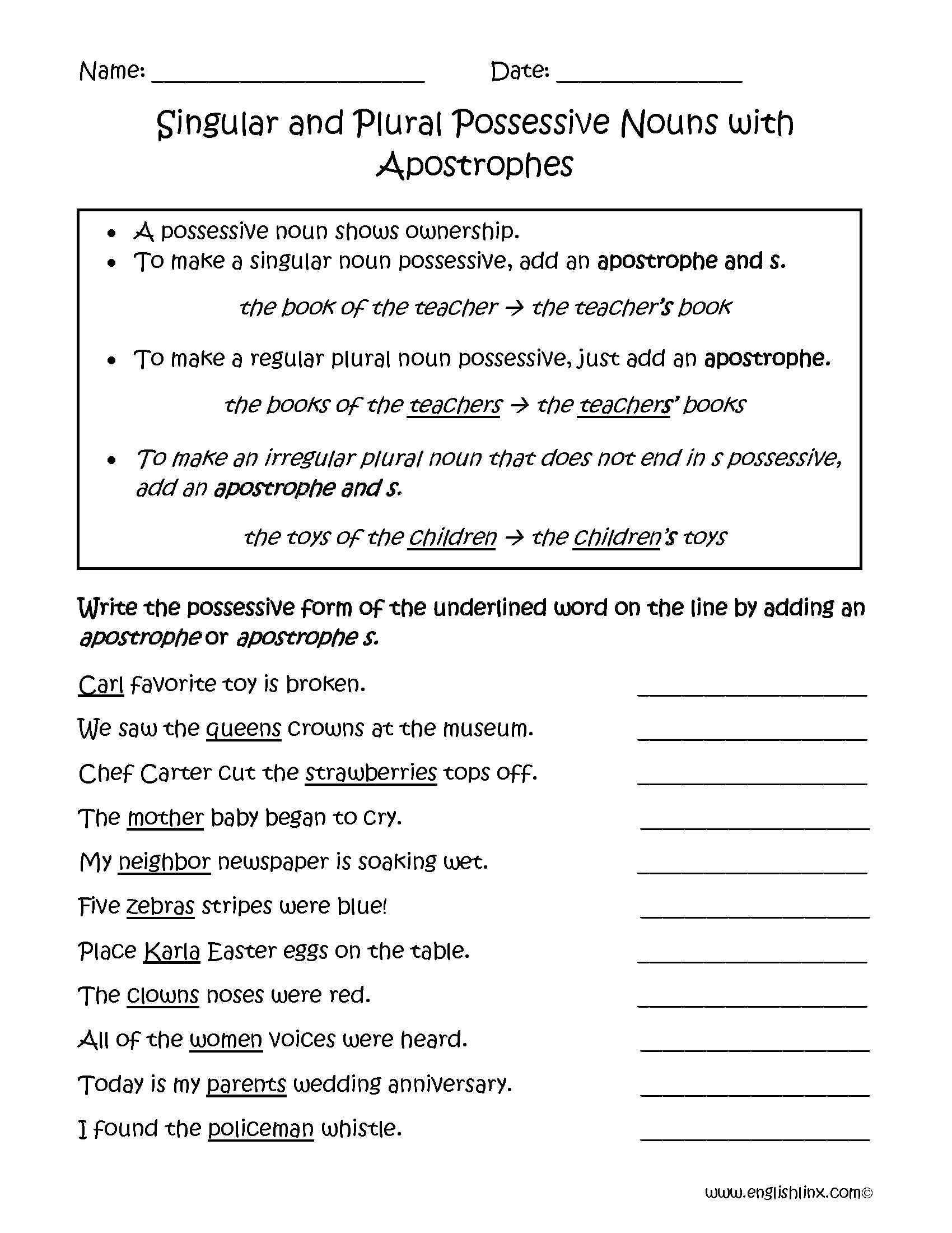 Possessive Adjectives Worksheet Also Worksheets Possessive Nouns 5th Grade