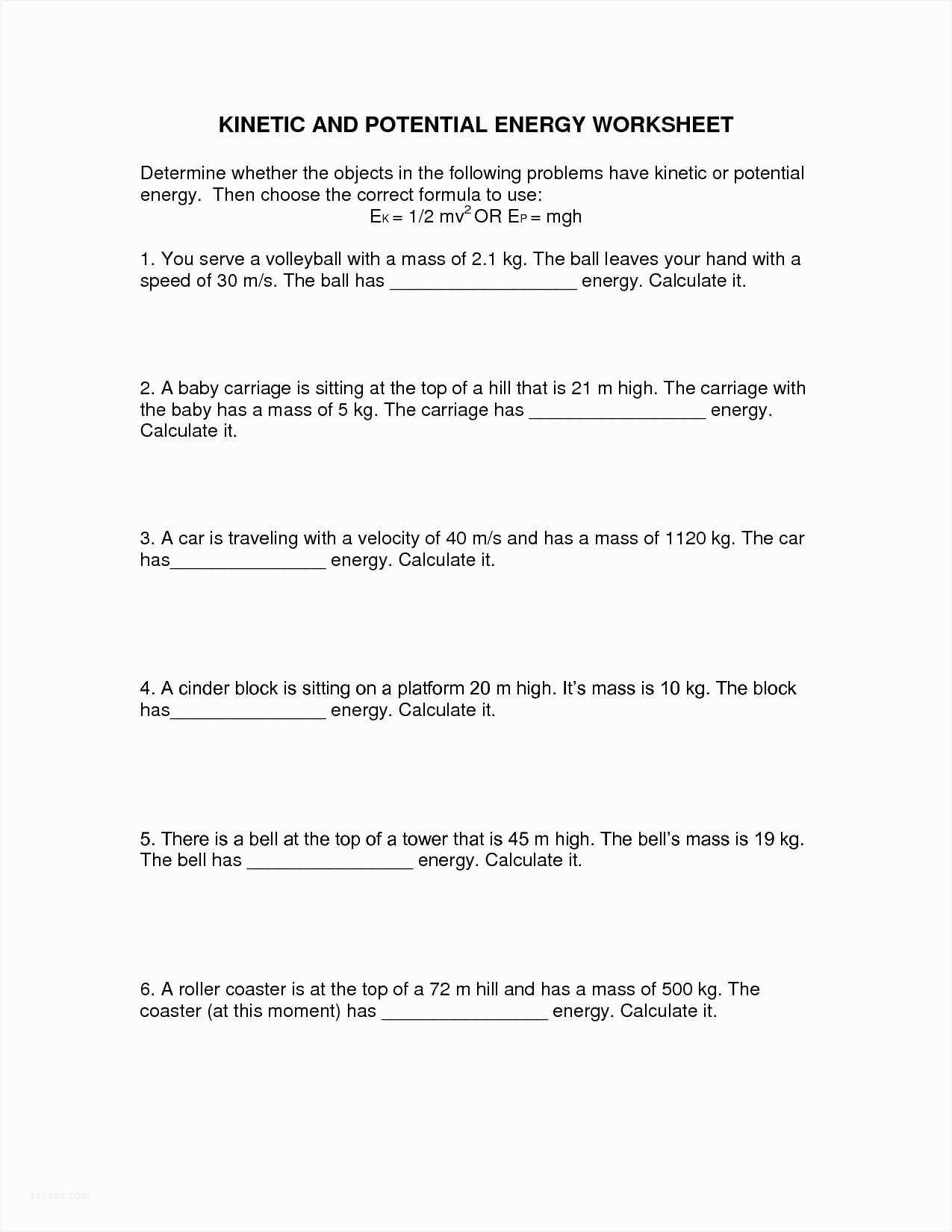 Potential Energy Problems Worksheet Along with Kinetic and Potential Energy Worksheet Middle School Breadandhearth