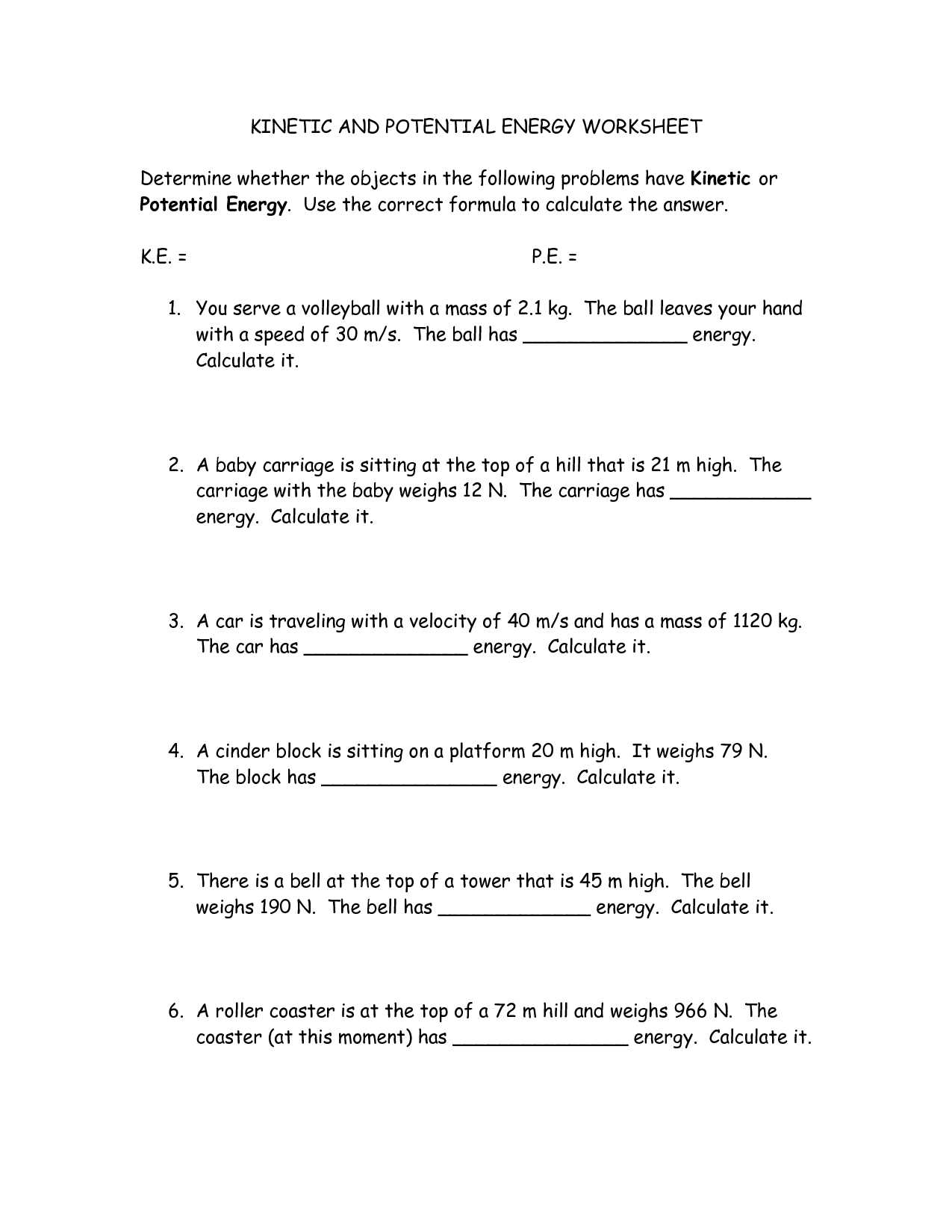 Potential Energy Problems Worksheet with Kinetic Energy Worksheet Image Collections Worksheet Math for Kids