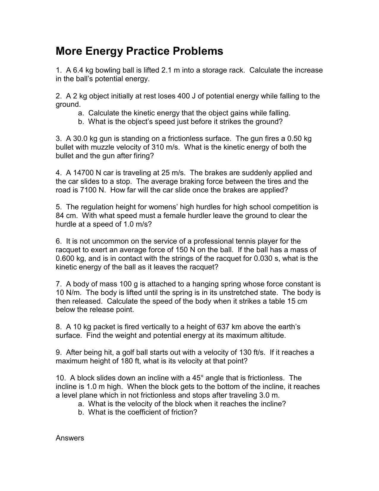 Potential Energy Worksheet Answers Along with Kinetic and Potential Energy Calculations Worksheet Image