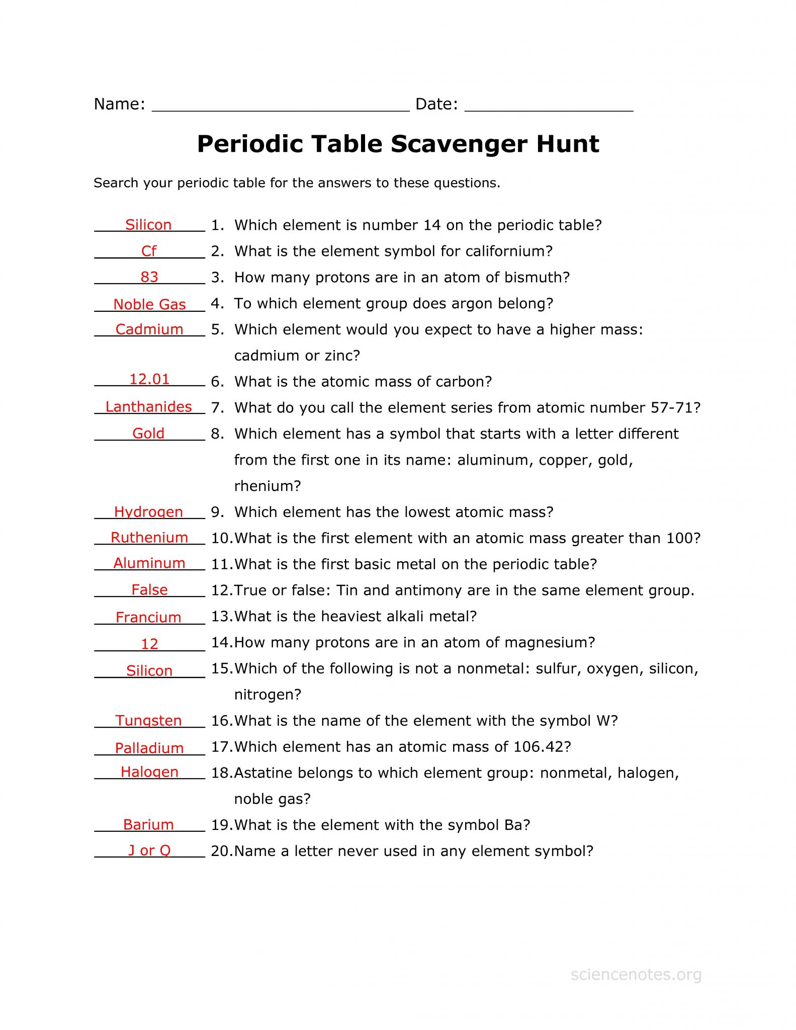 Potential Energy Worksheet Answers as Well as Answer Key to the Periodic Table Scavenger Hunt Worksheet Related