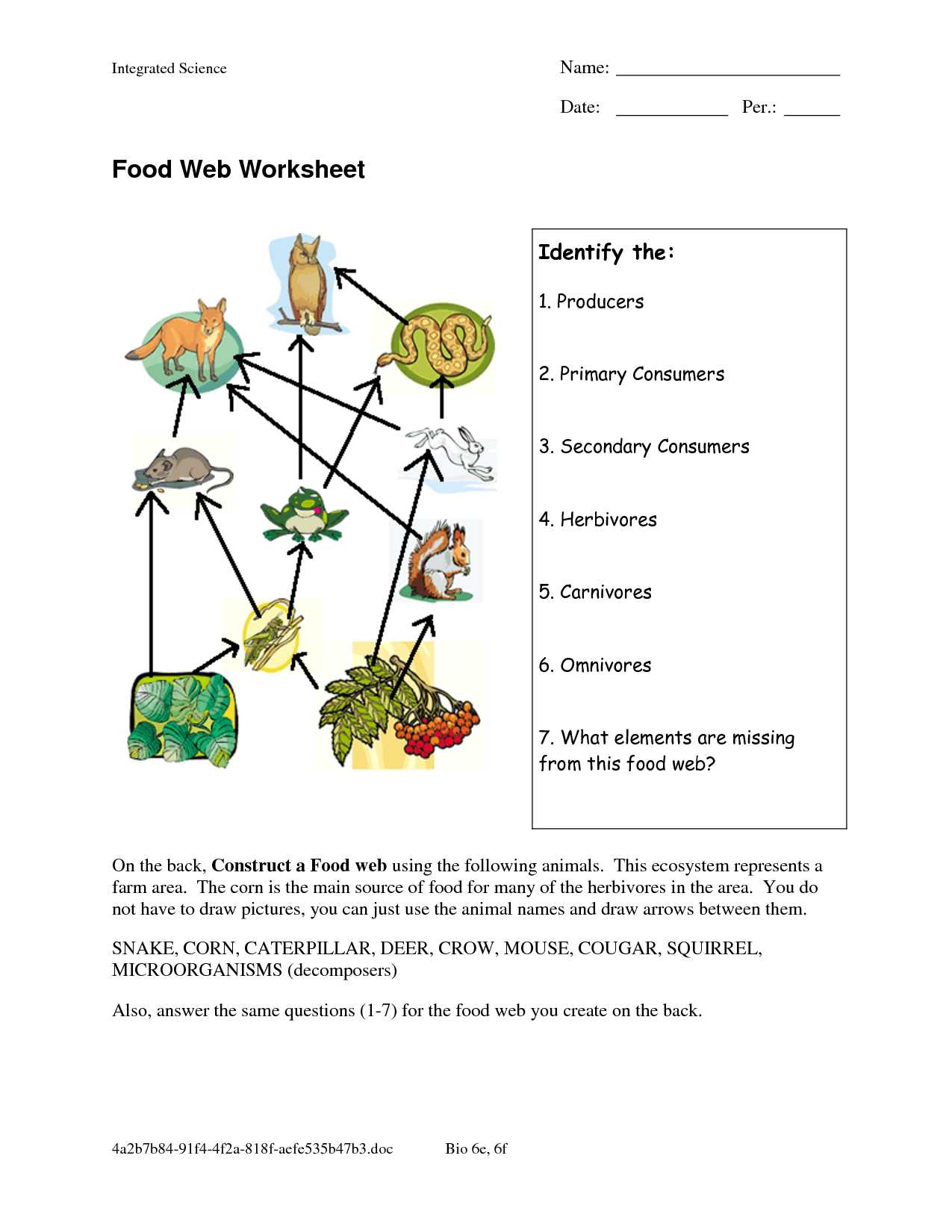 Principles Of Ecology Worksheet Answers together with Food Web Worksheets Food Web Worksheet Doc