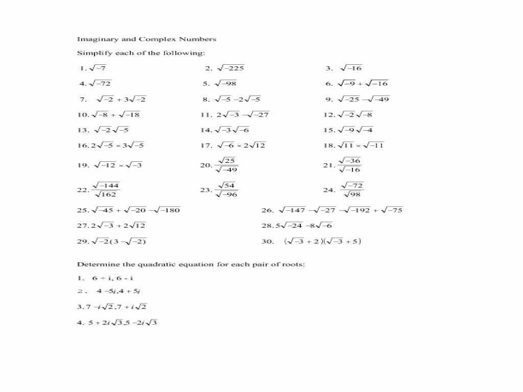 Quadratic Functions Worksheet Answers or Plex Numbers Worksheet Super Teacher Worksheets