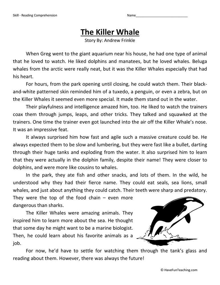 Reading Comprehension Worksheets 5th Grade and Killer Whales Reading Prehension Worksheet