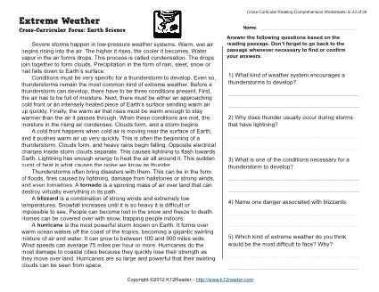 Reading Comprehension Worksheets 5th Grade or Extreme Weather