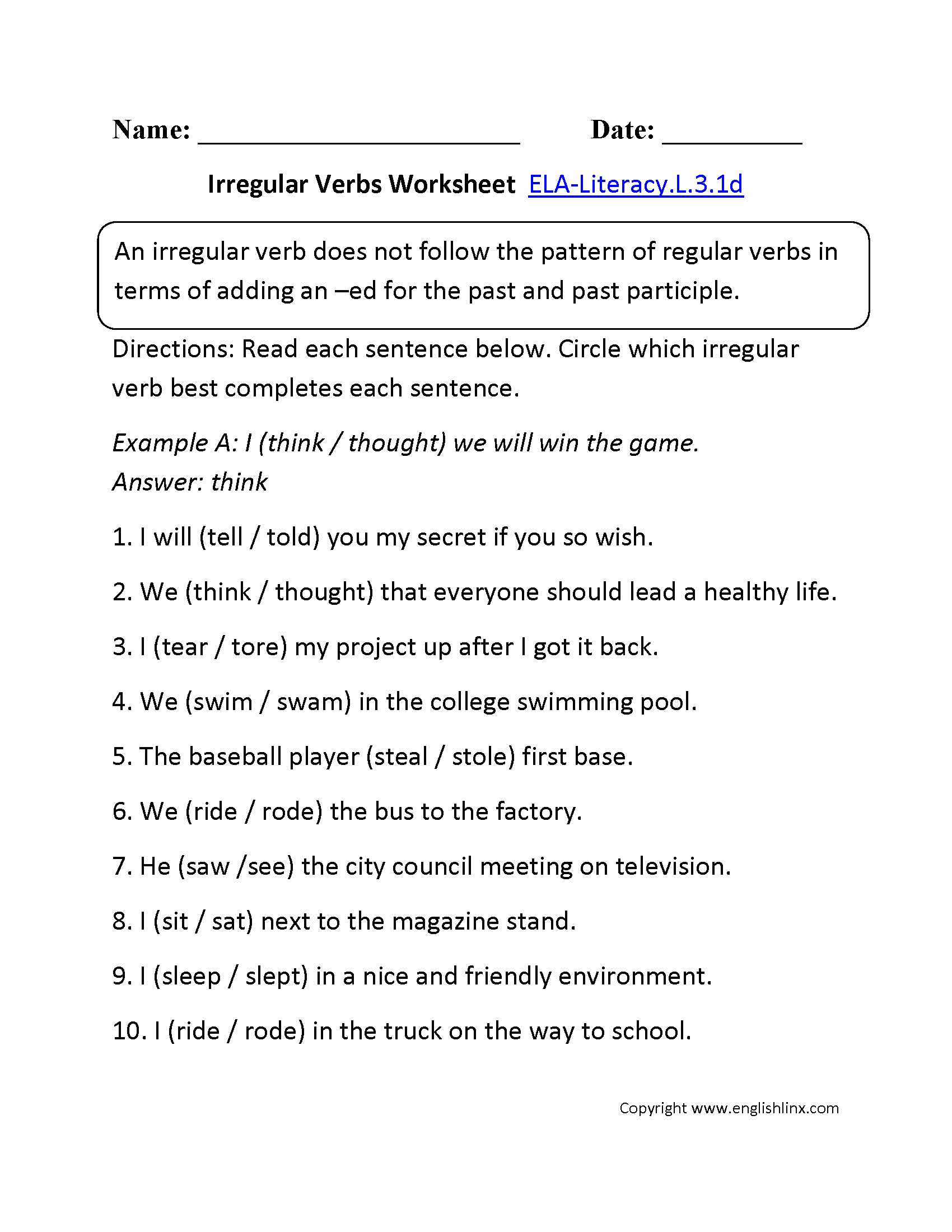 Regular Irregular Verbs Worksheet Also Irregular Verbs Worksheet 1 Ela Literacy L 3 1d Language Worksheet