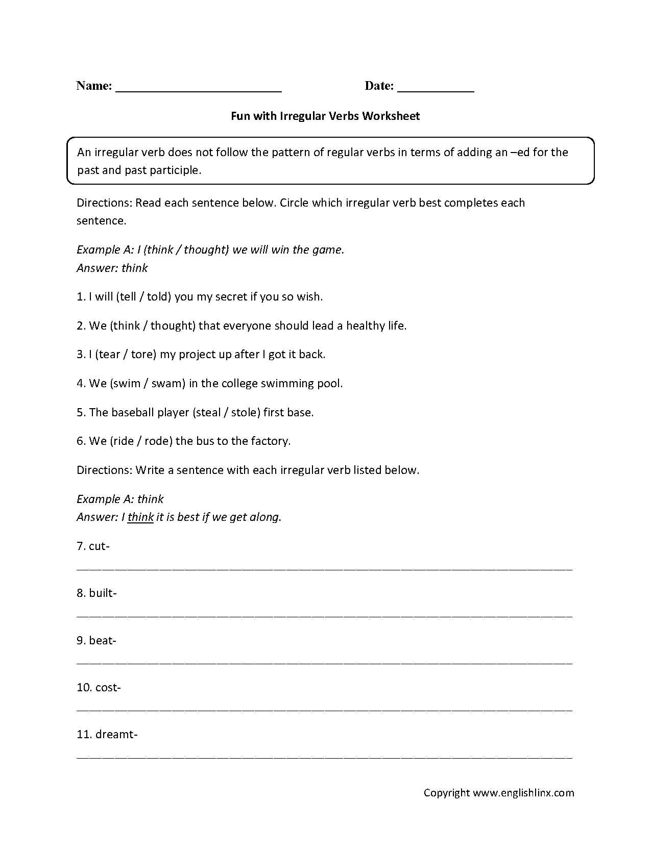Regular Irregular Verbs Worksheet as Well as Irregular Verbs Worksheets for Grade 1