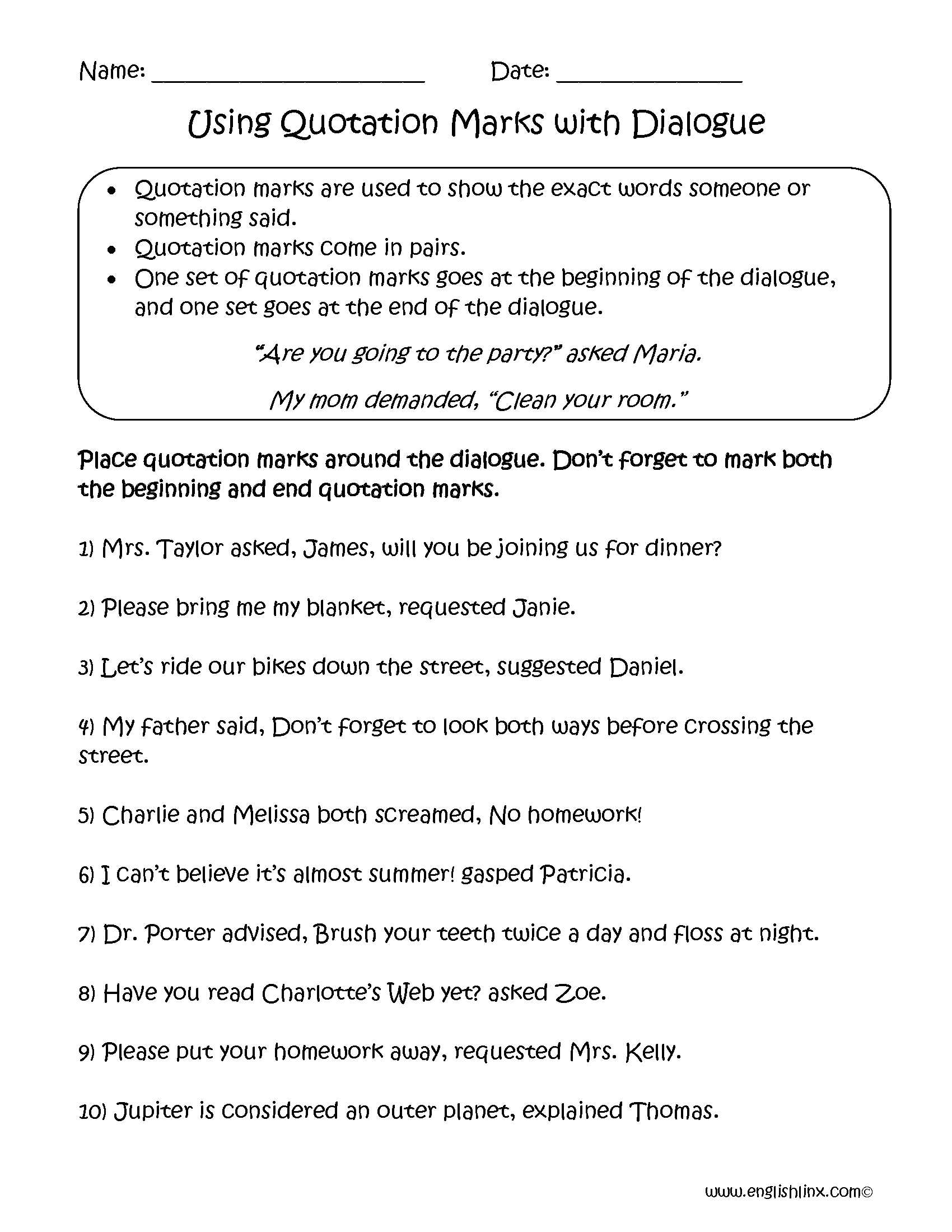 Review and Reinforce Worksheet Answers as Well as Adding Quotation Marks to Dialogue Worksheet