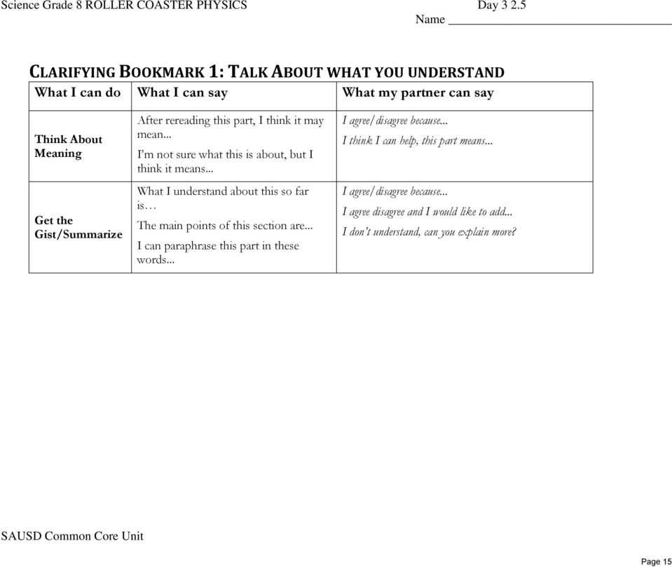 Roller Coaster Physics Worksheet Answers or Getting to the Core Grade 8 Unit Of Study Student Resource Roller