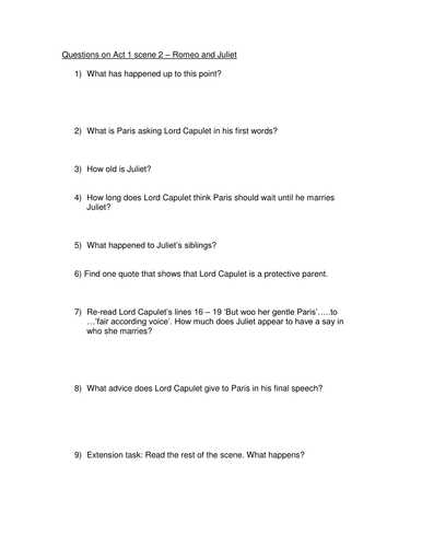 Romeo and Juliet Worksheets Act 1 Along with Romeo and Juliet Act 1 Scene 2 Capulet and Paris whole Lesson and
