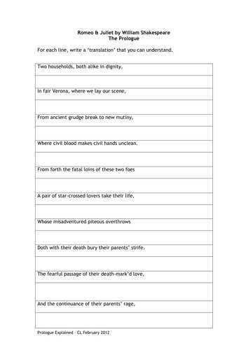 Romeo and Juliet Worksheets Act 1 or Romeo & Juliet Lesson Resources On the Prologue by Catswhiskers36