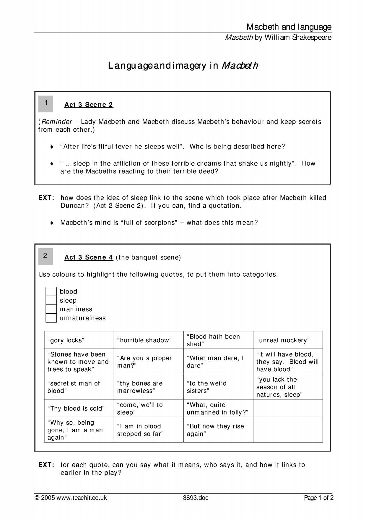 Secrets Of the Mind Worksheet Answers Also Ks3 Plays Macbeth
