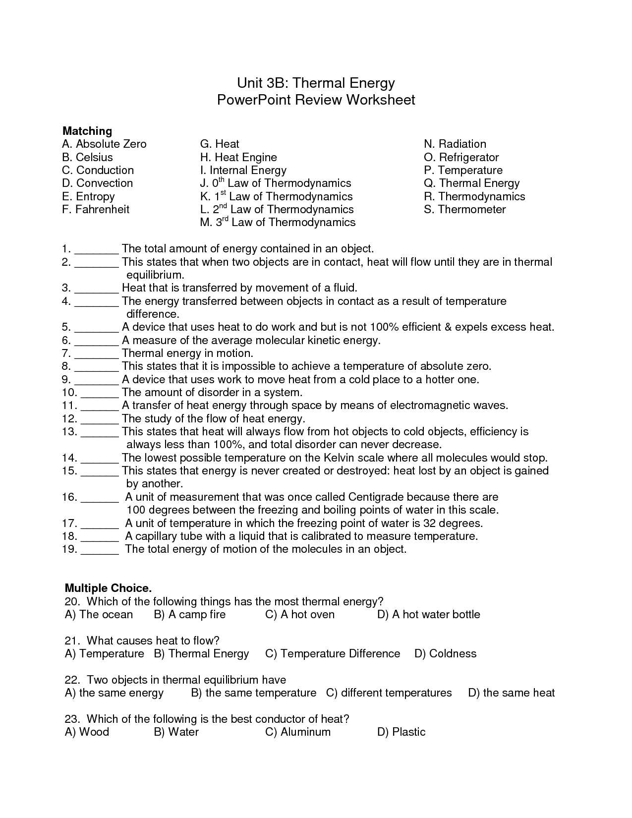 Section 16.2 Heat and thermodynamics Worksheet Answer Key Along with thermal Energy and Heat Worksheet Worksheet for Kids In English