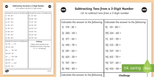 Sep Calculation Worksheet Also Subtracting Tens From A 3 Digit Number Worksheet Year 3 Sheet