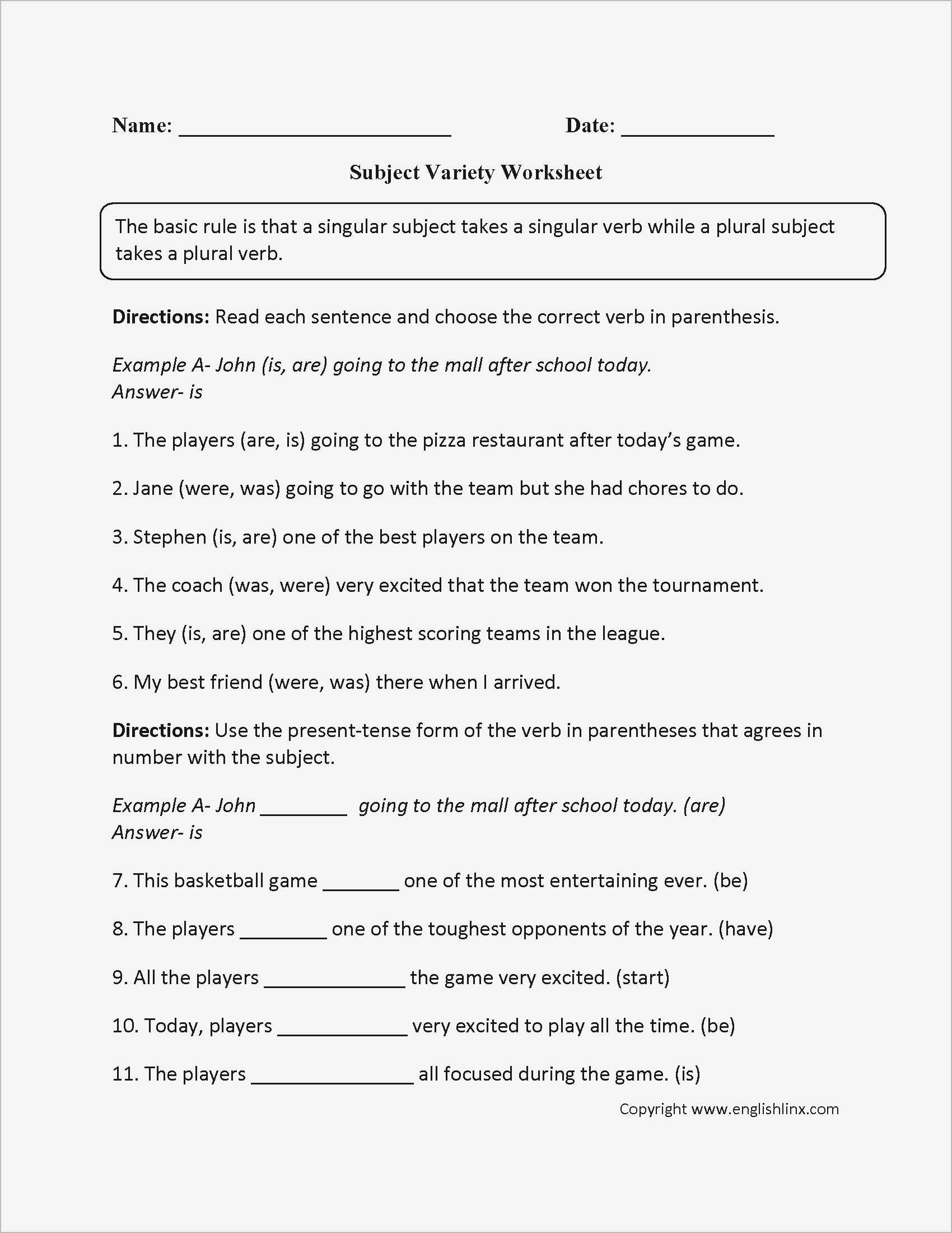 Simple Subject and Predicate Worksheets and Subject Verb Agreement Games Pdf format