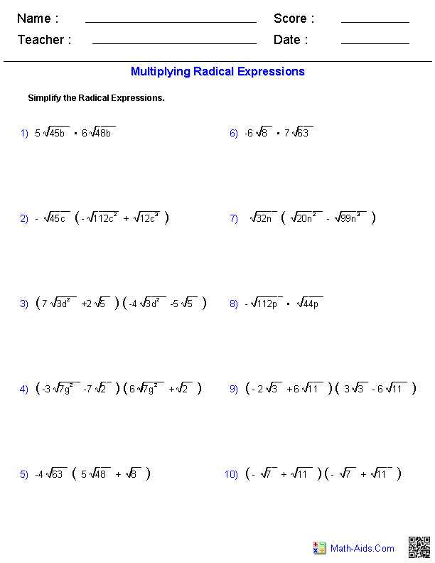 Simplifying Radical Expressions Worksheet Answers with 8th Grade Algebra Worksheets