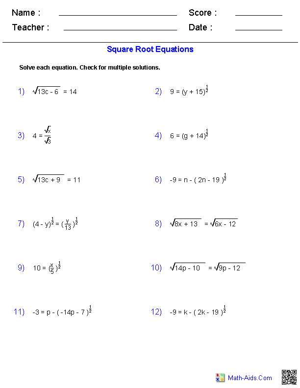 Simplifying Radical Expressions Worksheet Answers with Square Root Equations Worksheets Math Aids