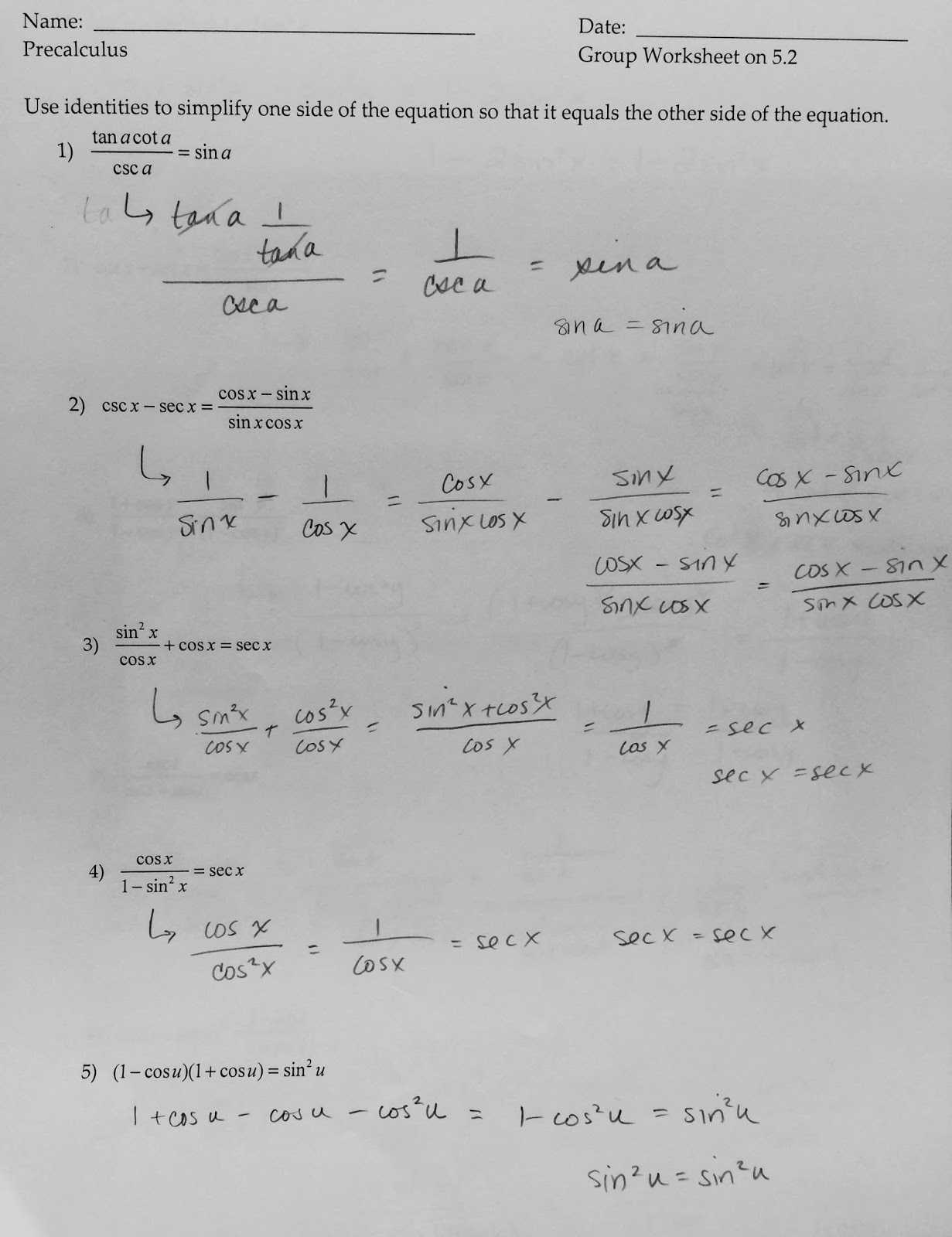 Simplifying Trigonometric Identities Worksheet Along with Simplifying Trig Expressions Worksheet