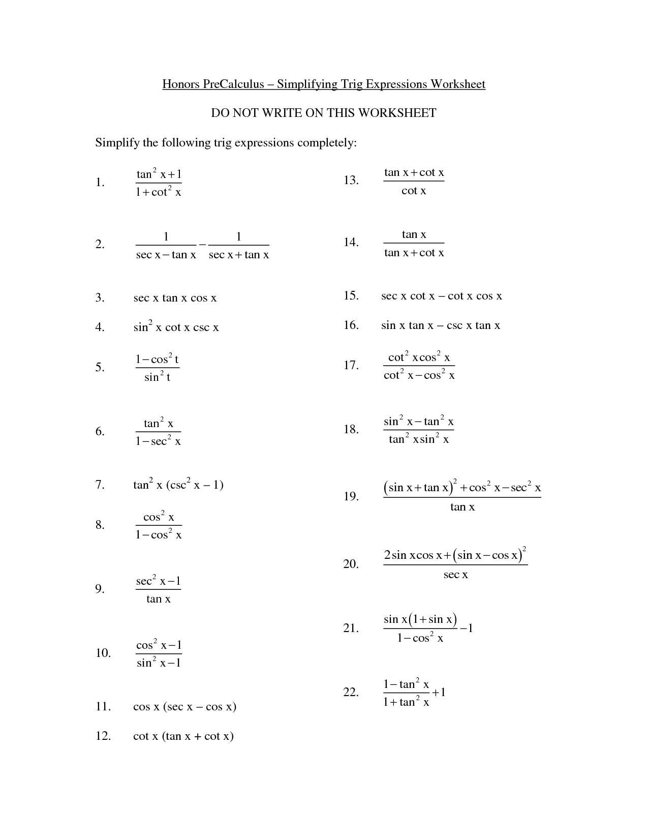 Simplifying Trigonometric Identities Worksheet as Well as Co Functions Worksheet Gallery Worksheet Math for Kids