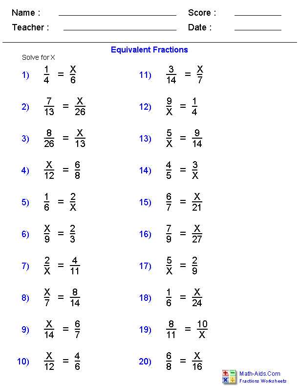 Solving Equations with Variables On Both Sides with Fractions Worksheet and Equivalent Fraction Problems Worksheets