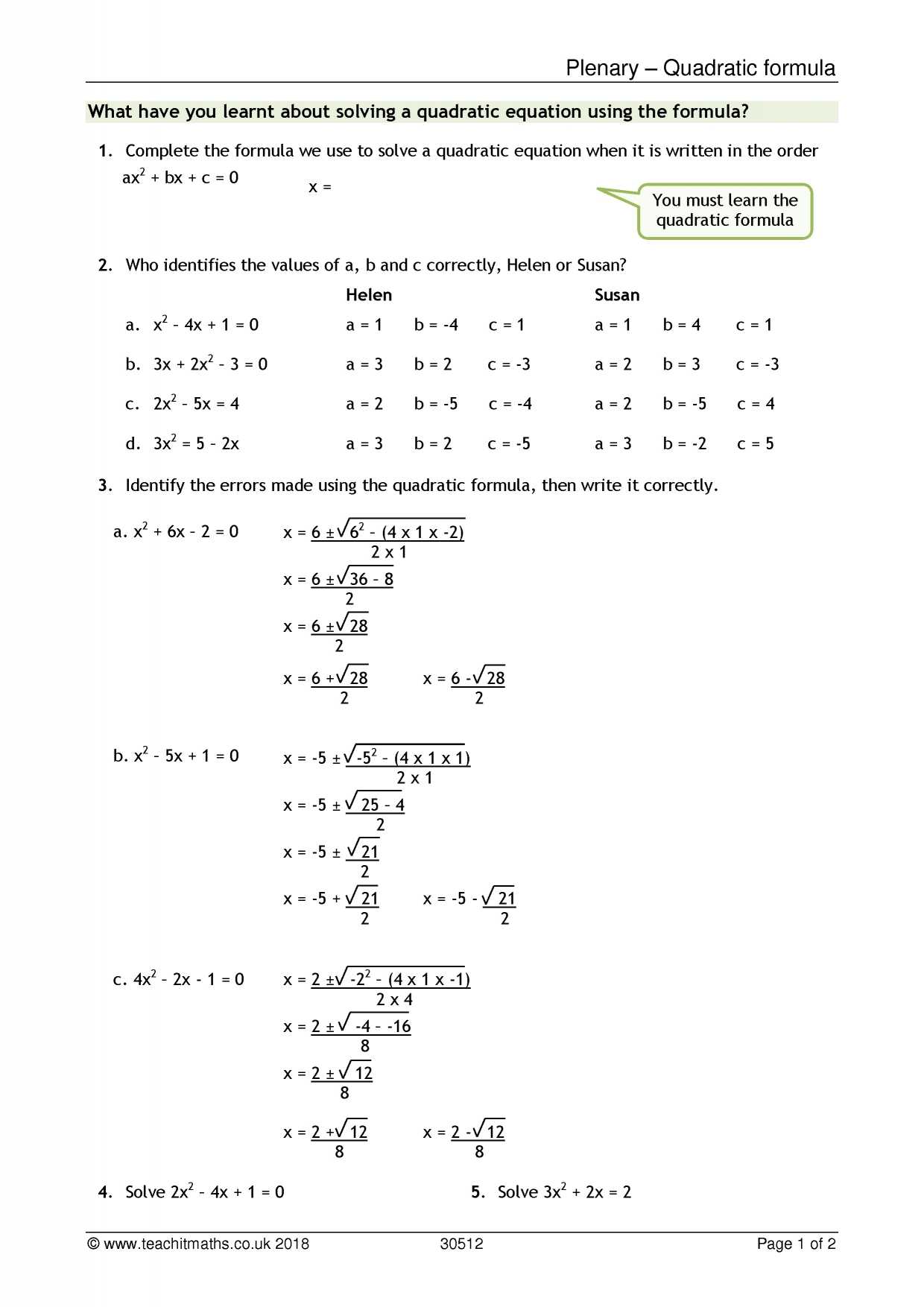 Solving Quadratic Equations by Completing the Square Worksheet Answer Key and Search Results Teachit Maths