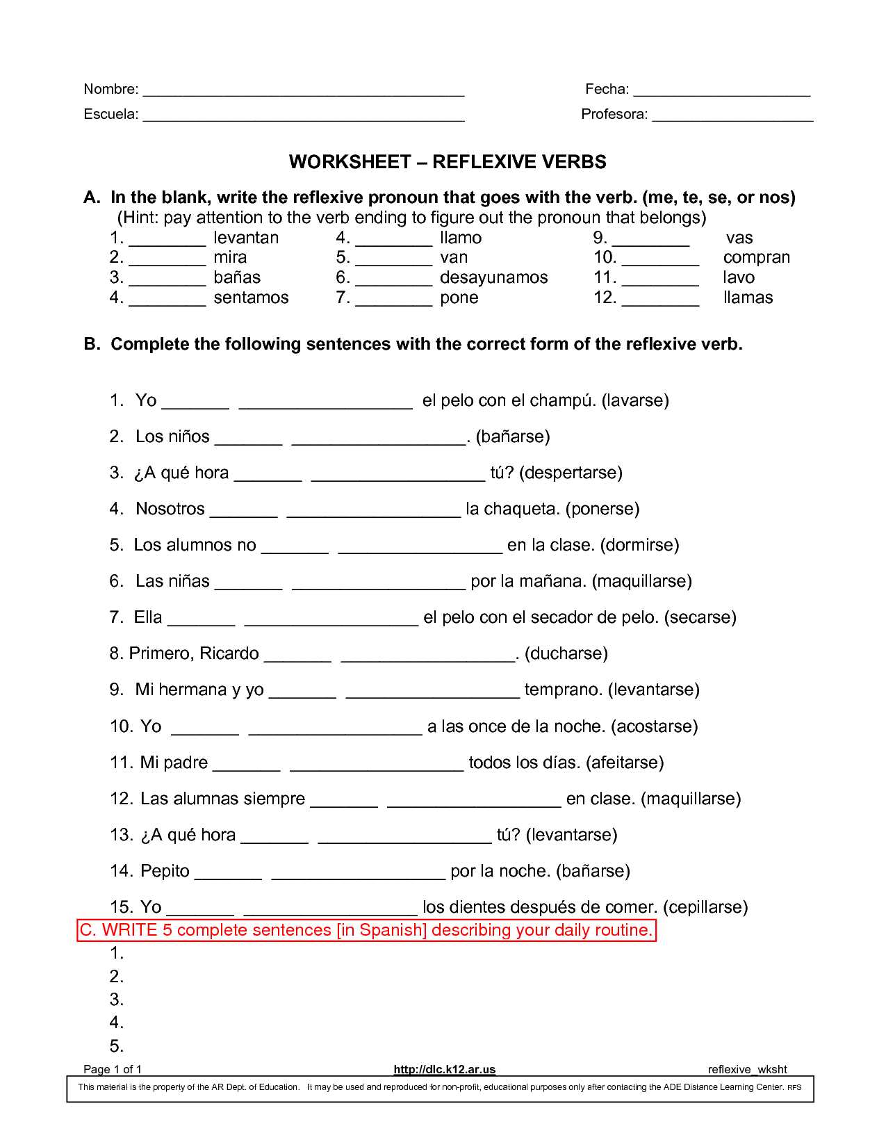 Spanish Reflexive Verbs Worksheet Pdf or Exercises Reflexive Verbs In French