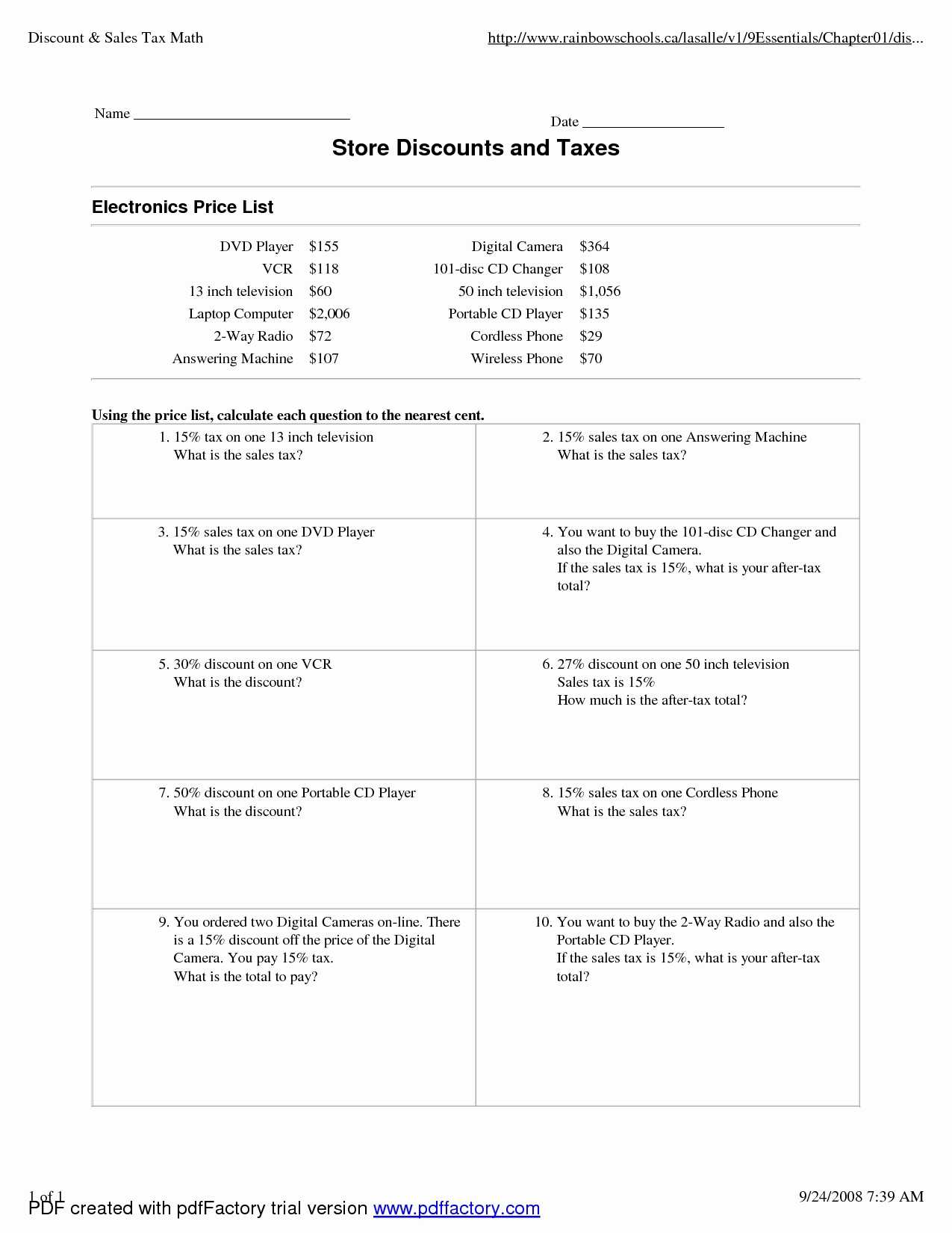 Taxation Worksheet Answers with the Math Worksheet Site Worksheet for Kids In English