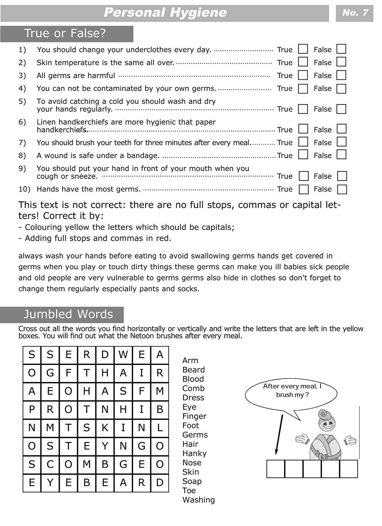 Theme Worksheet 4 and Printable Worksheets for Personal Hygiene