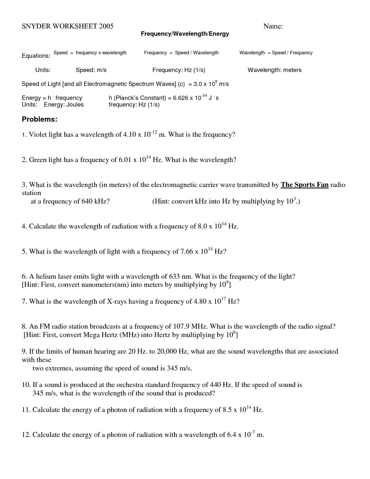 Wavelength Frequency Speed and Energy Worksheet Answers with Worksheet Light Energy