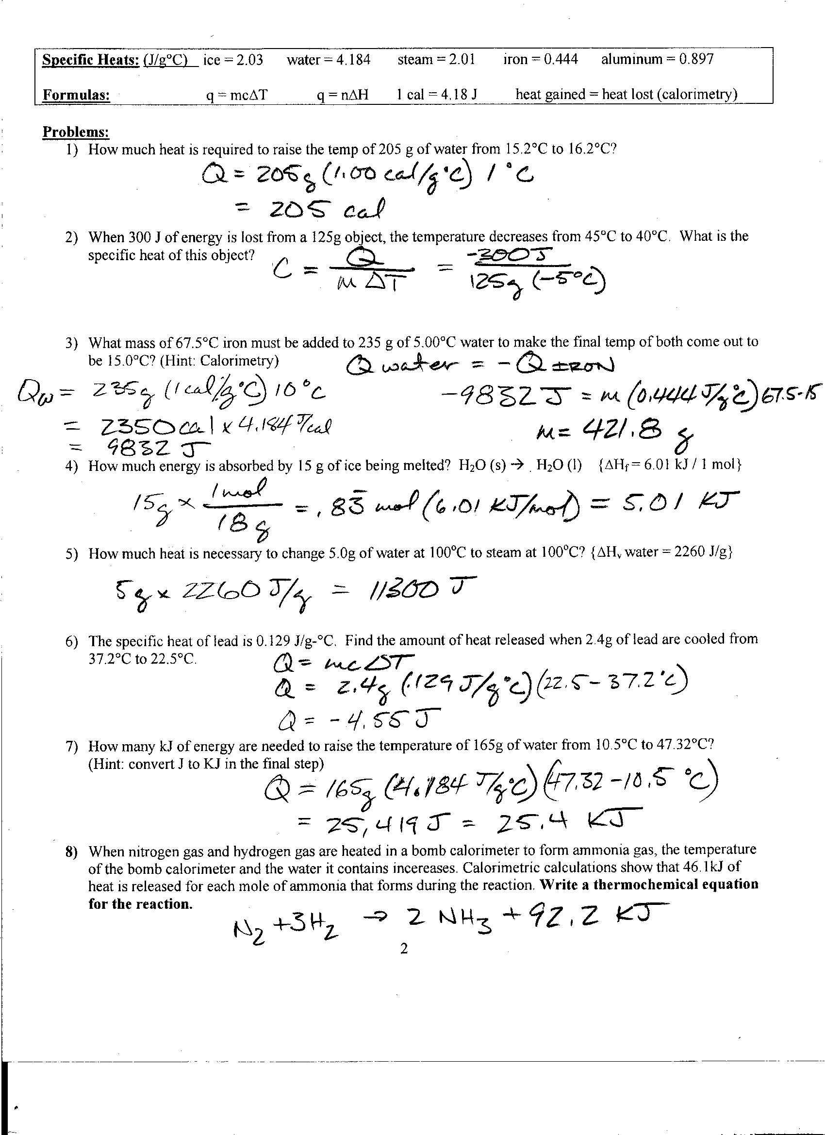 Worksheet Calculations Involving Specific Heat with Specific Heat Worksheet 2bb A9b Battk