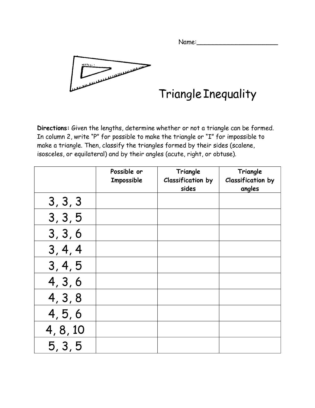 6th Grade Inequalities Worksheet and Triangle Inequality theorem to Use with Straws