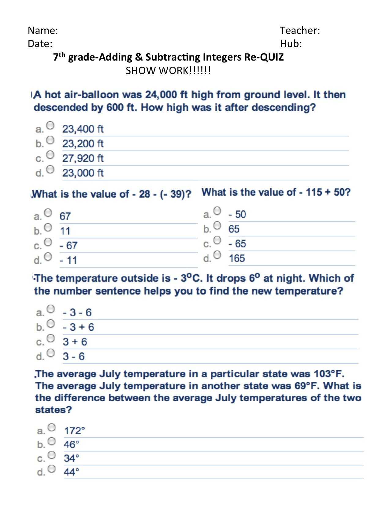 7th Grade Adding and Subtraction Of Integers Worksheet with Answers and Negative Numbers Fun Worksheet Refrence Free Integer Puzzle