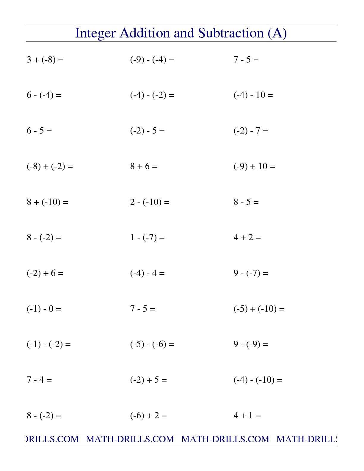 7th Grade Adding and Subtraction Of Integers Worksheet with Answers and Negative Numbers Worksheet Addition Subtraction Save Integer