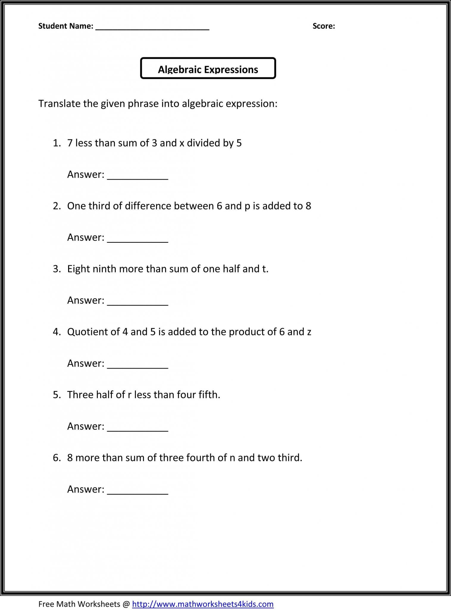 7th Grade Math Worksheets and Answer Key as Well as Math Worksheet with Variables Valid Free Algebraic Expressions