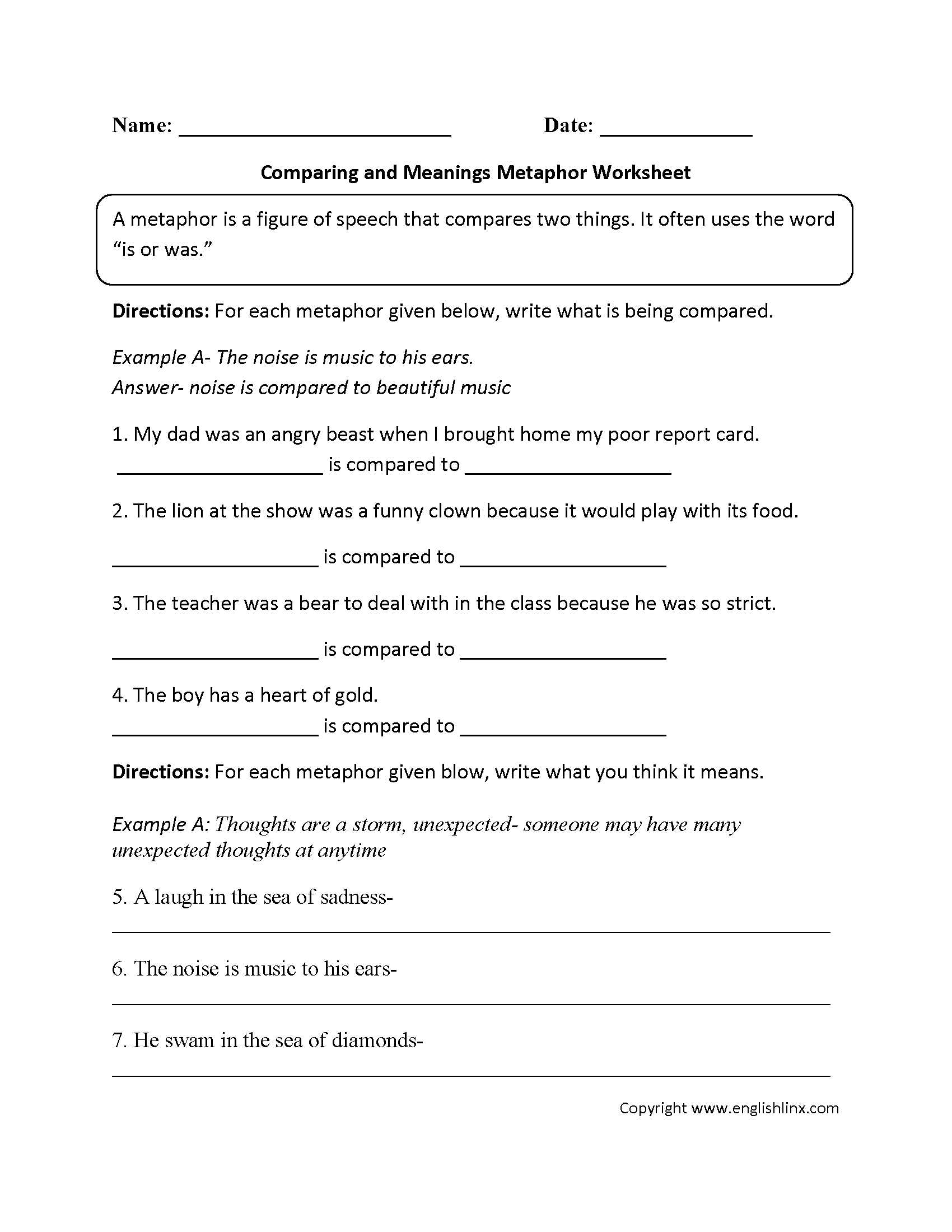 Act English Practice Worksheets Pdf Also Free Printable Simile and Metaphor Worksheets Worksheets for All