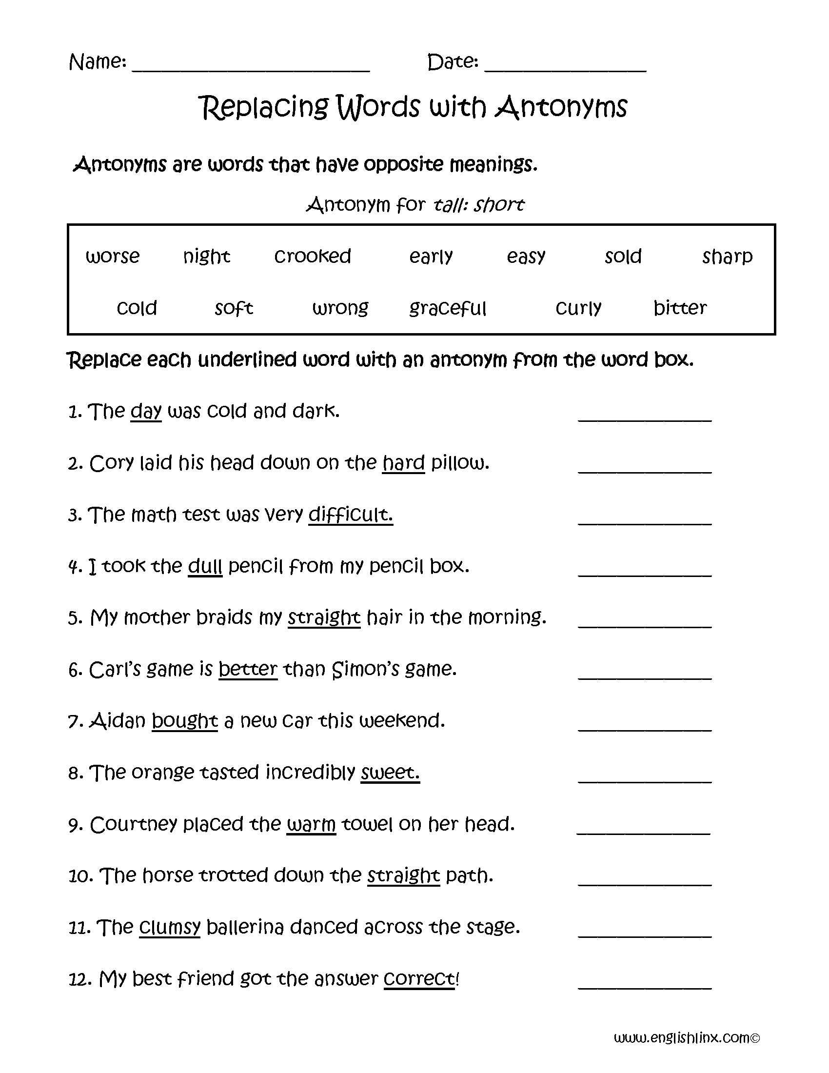 Adjectives Worksheet 3 Spanish Answers or School events Worksheet New Replacing Words with Antonyms Worksheets