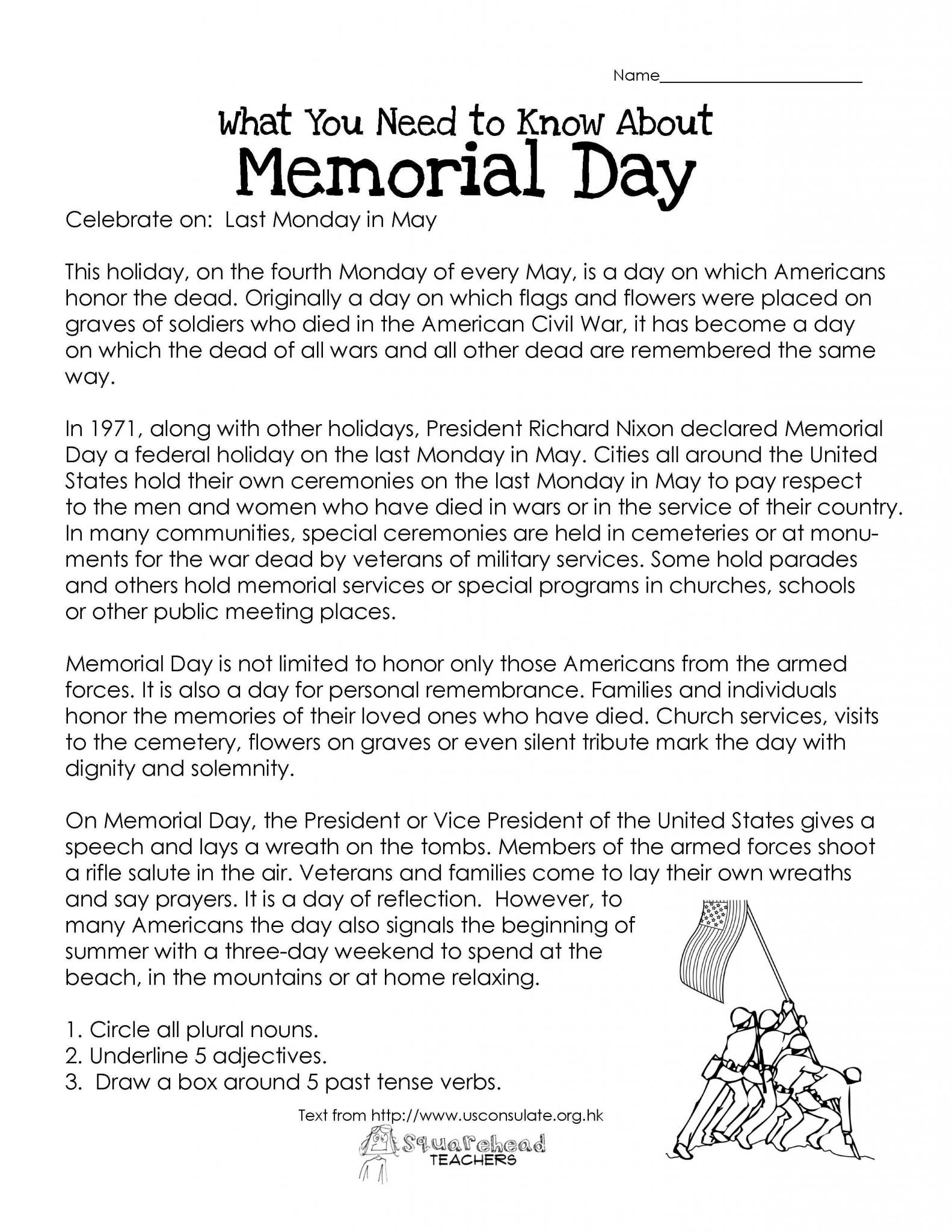 American Civil War Reading Comprehension Worksheet Answers and Memorial Day Free Worksheet