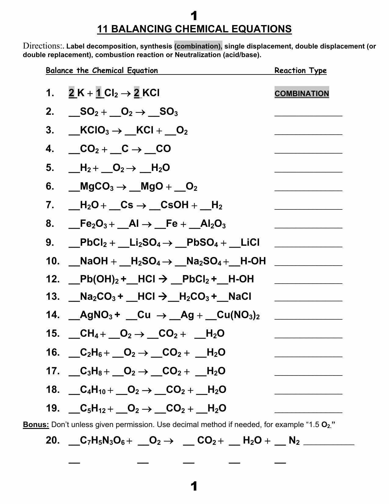 Balancing Chemical Reactions Worksheet Answers and Chemical Equation Worksheet Types Reactions Kidz Activities